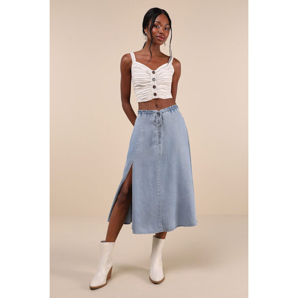 Lulus Adorably Achieved Light Wash Drawstring Chambray Midi Skirt Blue - Size XL